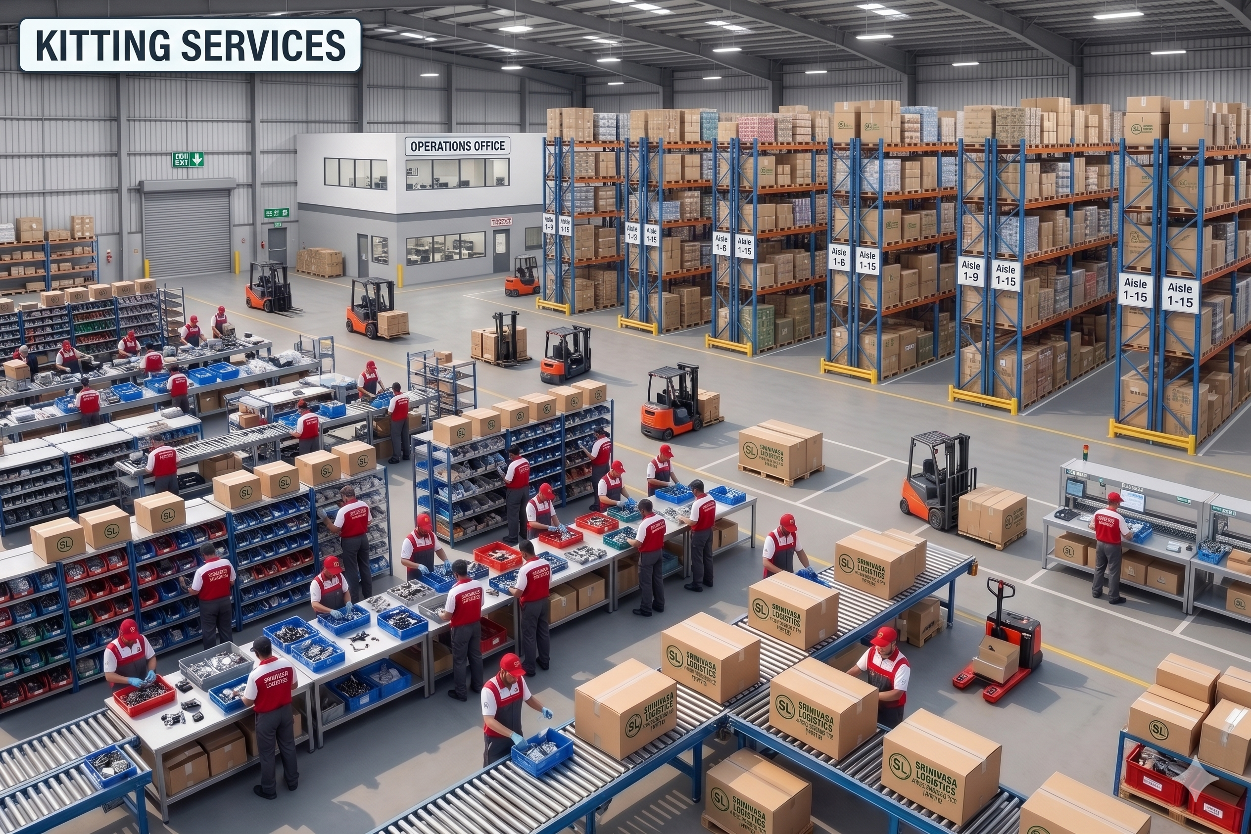 Workers packing and assembling kits on a production line