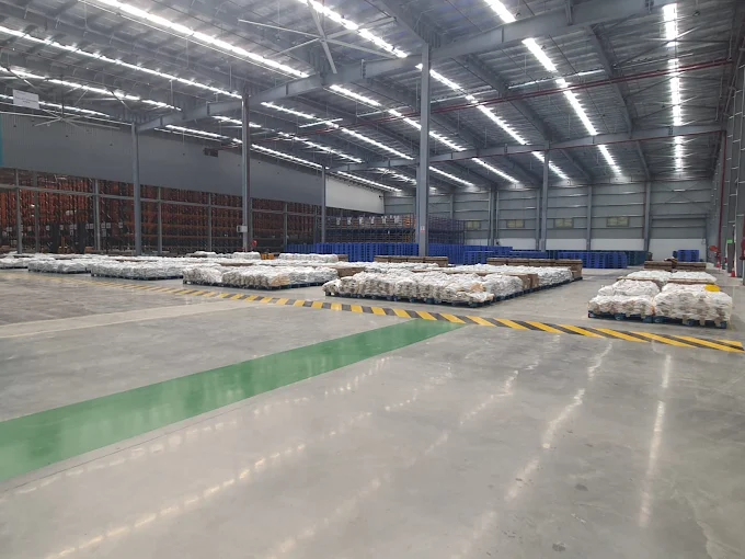 Spacious warehouse floor with palletised inventory and marked safety lanes